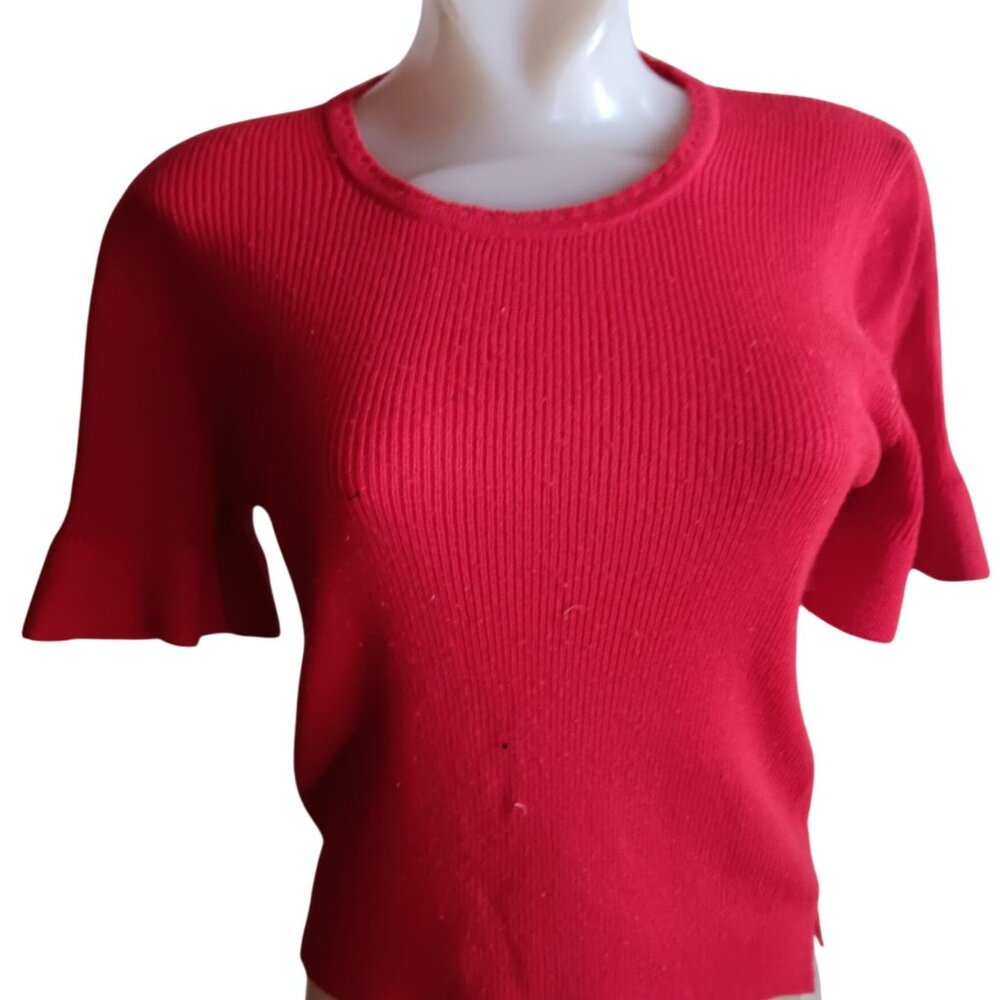 Women's Medium Knit Top Vintage 70s Red Short Sleeve With Ruffle Cuffs Crewneck